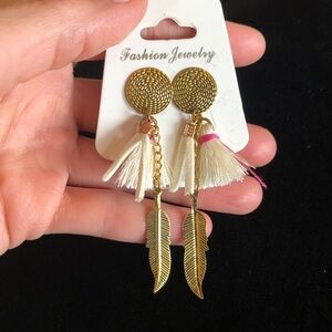 Gold Tone White and Pink Tassel Feather Dangle Earrings